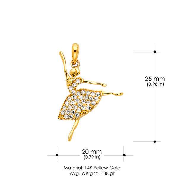 14K Gold Ballerina Dancer CZ Charm Pendant