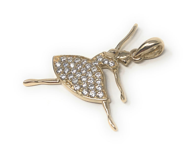 14K Gold Ballerina Dancer CZ Charm Pendant