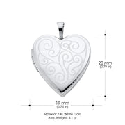 14K Gold Engraved Fancy Heart Locket Pendant with 2mm Rope Chain