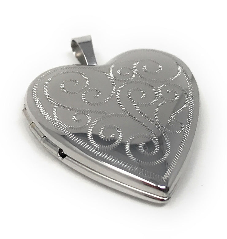 14K Gold Engraved Fancy Heart Locket Pendant with 1.3mm Flat Open Wheat Chain