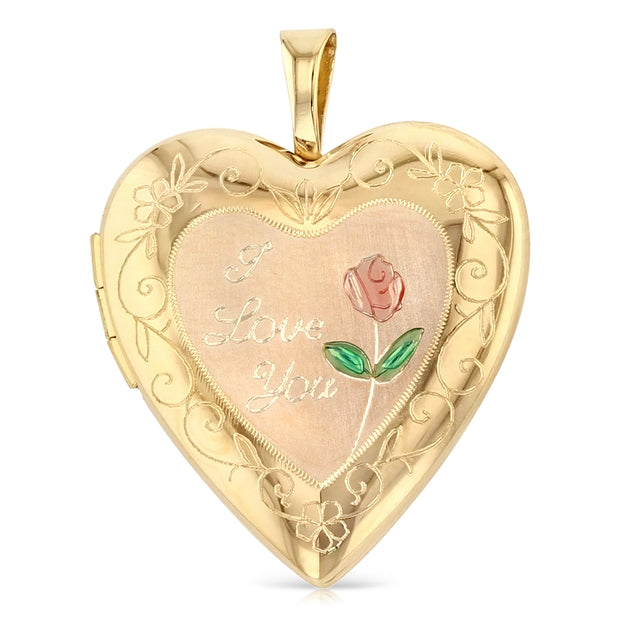 14K Gold Engraved Heart 'I Love You' with Enamel Rose Flower Locket Charm Pendant with 1.5mm Flat Open Wheat Chain Necklace