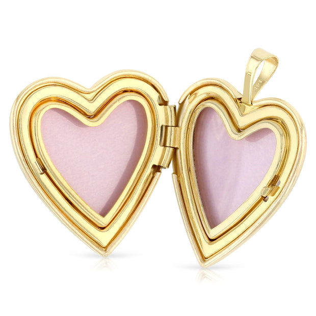 14K Gold Engraved Heart 'I Love You' with Enamel Rose Flower Locket Charm Pendant with 1.2mm Singapore Chain Necklace