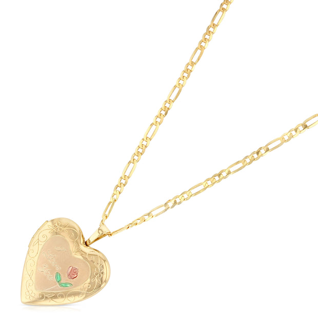 14K Gold Engraved Heart 'I Love You' with Enamel Rose Flower Locket Charm Pendant with 2.3mm Figaro 3+1 Chain Necklace
