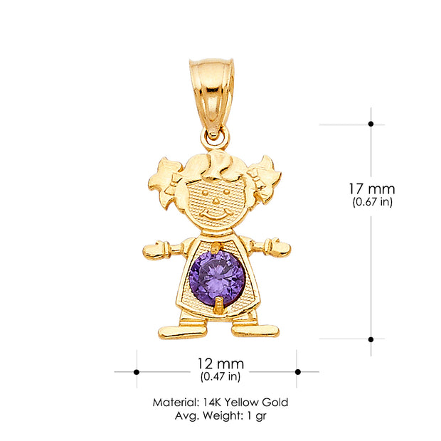 14K Gold February Birthstone CZ Girl Charm Pendant with 2mm Figaro 3+1 Chain Necklace