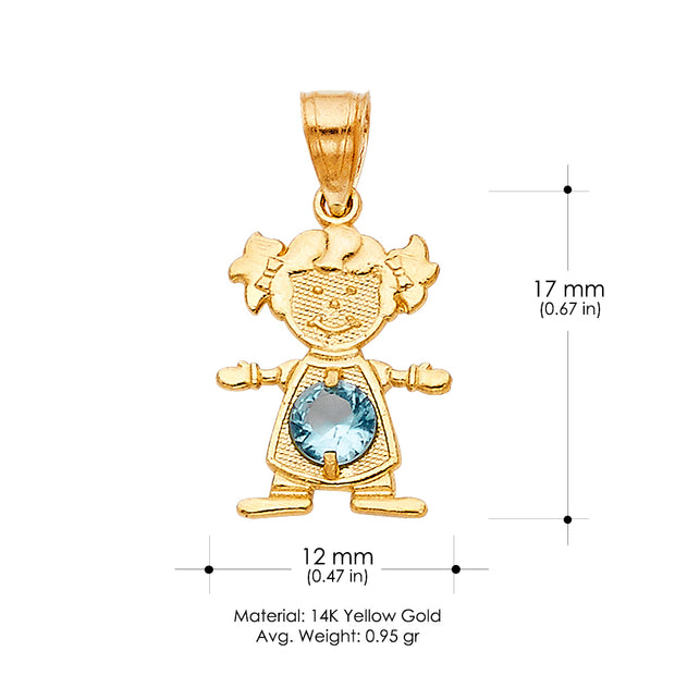 14K Gold March Birthstone CZ Girl Charm Pendant with 2mm Figaro 3+1 Chain Necklace