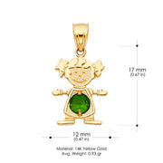 14K Gold May Birthstone CZ Girl Charm Pendant with 0.9mm Singapore Chain Necklace