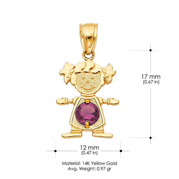 14K Gold June Birthstone CZ Girl Charm Pendant with 0.9mm Singapore Chain Necklace