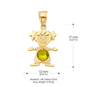 14K Gold August Birthstone CZ Girl Charm Pendant with 0.9mm Singapore Chain Necklace