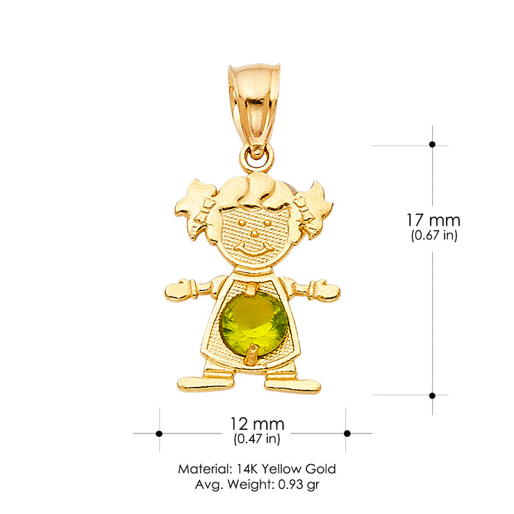 14K Gold August Birthstone CZ Girl Charm Pendant with 0.9mm Singapore Chain Necklace
