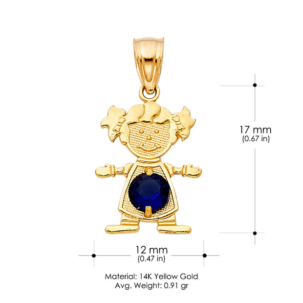 14K Gold September Birthstone CZ Girl Charm Pendant with 2mm Figaro 3+1 Chain Necklace
