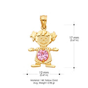 14K Gold October Birthstone CZ Girl Charm Pendant with 0.9mm Singapore Chain Necklace