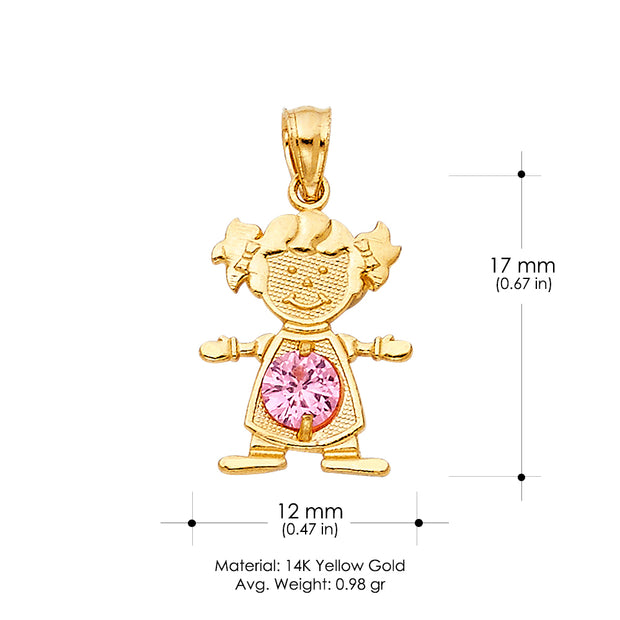 14K Gold October Birthstone CZ Girl Charm Pendant with 0.9mm Singapore Chain Necklace