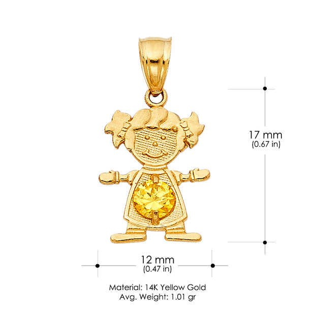 14K Gold November Birthstone CZ Girl Charm Pendant with 0.9mm Singapore Chain Necklace