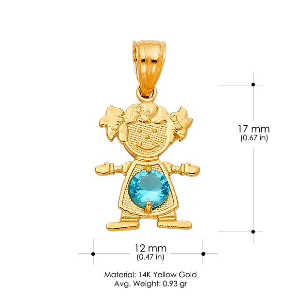 14K Gold Birthstone CZ Girl Charm Pendant with 0.9mm Singapore Chain Necklace