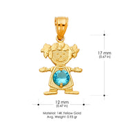 14K Gold Birthstone CZ Girl Charm Pendant with 2mm Figaro 3+1 Chain Necklace