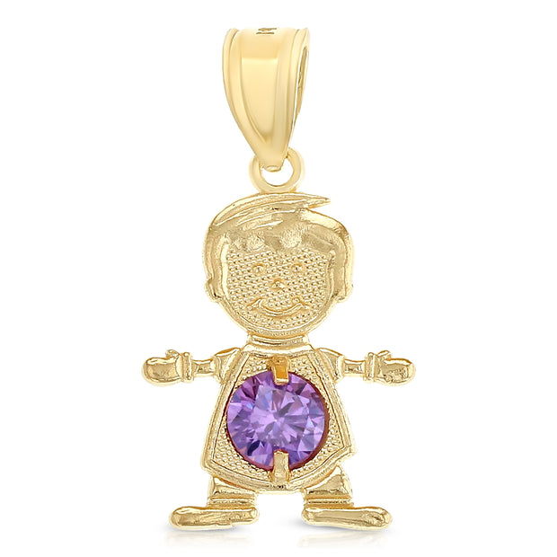 14K Gold February Birthstone CZ Boy Charm Pendant with 1.2mm Flat Open Wheat Chain Necklace