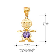 14K Gold February Birthstone CZ Boy Charm Pendant with 1.2mm Flat Open Wheat Chain Necklace