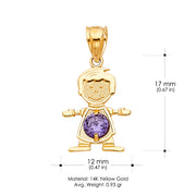 14K Gold February Birthstone CZ Boy Charm Pendant with 0.9mm Singapore Chain Necklace
