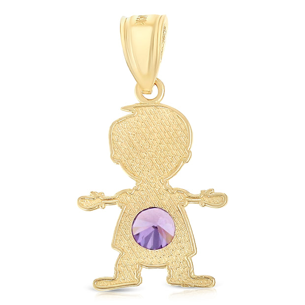 14K Gold February Birthstone CZ Boy Charm Pendant with 1.2mm Flat Open Wheat Chain Necklace