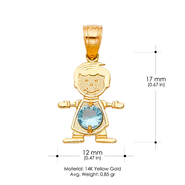 14K Gold March Birthstone CZ Boy Charm Pendant with 0.9mm Singapore Chain Necklace
