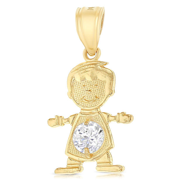14K Gold April Birthstone CZ Boy Charm Pendant with 1.2mm Flat Open Wheat Chain Necklace