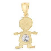 14K Gold April Birthstone CZ Boy Charm Pendant with 1.2mm Flat Open Wheat Chain Necklace