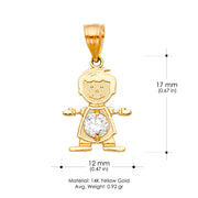 14K Gold April Birthstone CZ Boy Charm Pendant with 1.2mm Flat Open Wheat Chain Necklace