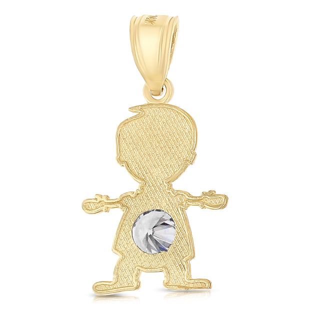 14K Gold April Birthstone CZ Boy Charm Pendant with 2mm Figaro 3+1 Chain Necklace