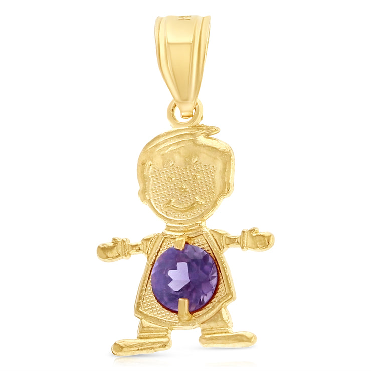 14K Gold June Birthstone CZ Boy Charm Pendant with 1.2mm Flat Open Wheat Chain Necklace