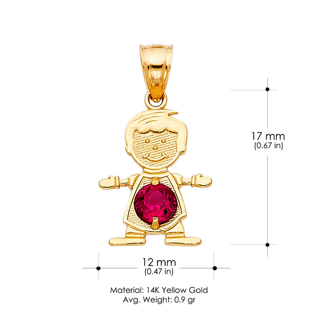 14K Gold July Birthstone CZ Boy Charm Pendant with 0.9mm Singapore Chain Necklace