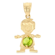 14K Gold August Birthstone CZ Boy Charm Pendant with 0.9mm Singapore Chain Necklace