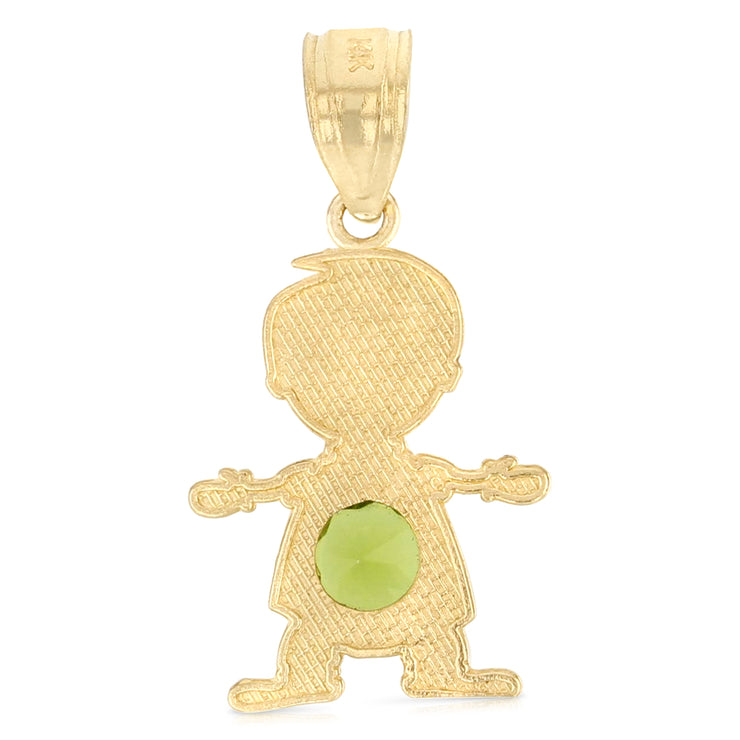 14K Gold August Birthstone CZ Boy Charm Pendant with 0.9mm Singapore Chain Necklace
