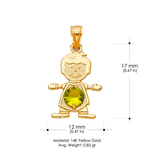 14K Gold August Birthstone CZ Boy Charm Pendant with 1.2mm Flat Open Wheat Chain Necklace