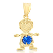 14K Gold September Birthstone CZ Boy Charm Pendant with 1.2mm Flat Open Wheat Chain Necklace