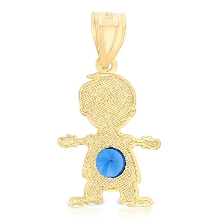 14K Gold September Birthstone CZ Boy Charm Pendant with 2mm Figaro 3+1 Chain Necklace