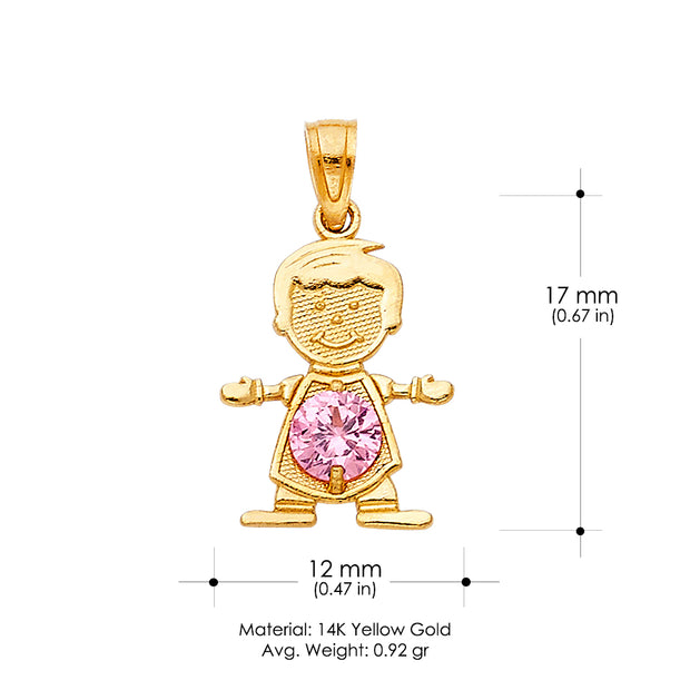 14K Gold October Birthstone CZ Boy Charm Pendant with 0.9mm Singapore Chain Necklace