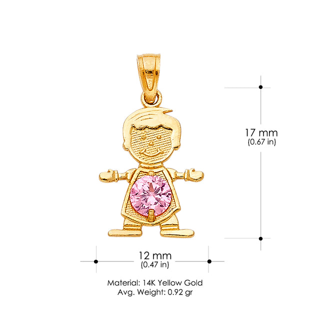 14K Gold October Birthstone CZ Boy Charm Pendant with 1.2mm Flat Open Wheat Chain Necklace