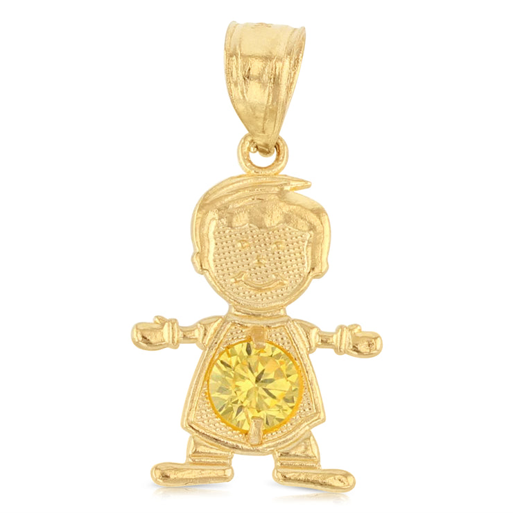 14K Gold November Birthstone CZ Boy Charm Pendant with 1.2mm Flat Open Wheat Chain Necklace