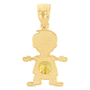 14K Gold November Birthstone CZ Boy Charm Pendant with 1.2mm Flat Open Wheat Chain Necklace
