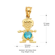 14K Gold Birthstone CZ Boy Charm Pendant with 1.2mm Flat Open Wheat Chain Necklace