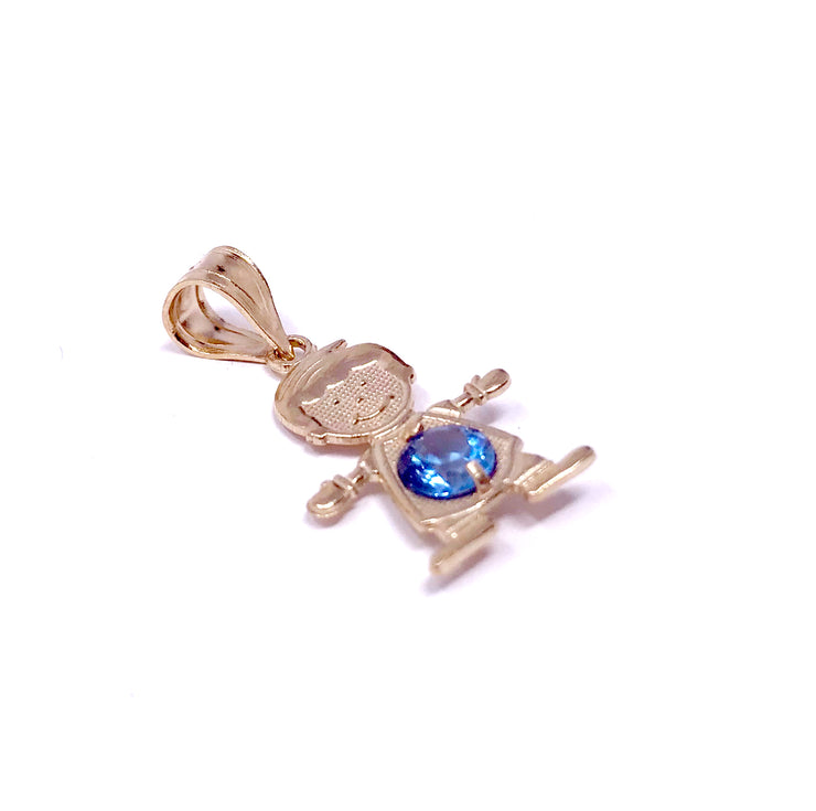 14K Gold Birthstone CZ Boy Charm Pendant with 0.9mm Singapore Chain Necklace