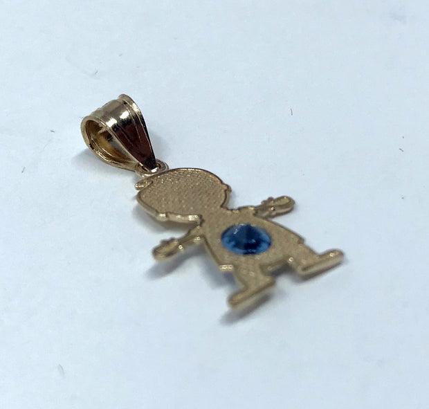 14K Gold Birthstone CZ Boy Charm Pendant with 0.9mm Singapore Chain Necklace