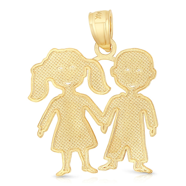 14K Gold Girl & Boy Brother & Sister Charm Pendant with 2mm Figaro 3+1 Chain Necklace