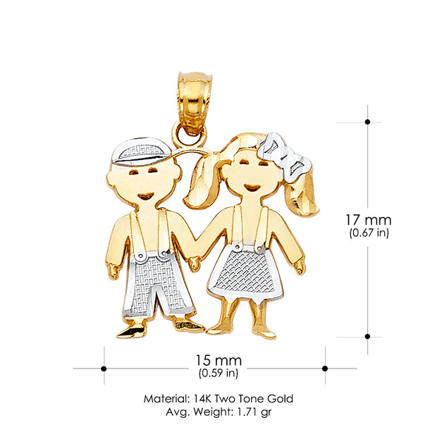 14K Gold Girl & Boy Brother & Sister Charm Pendant with 1.2mm Flat Open Wheat Chain Necklace