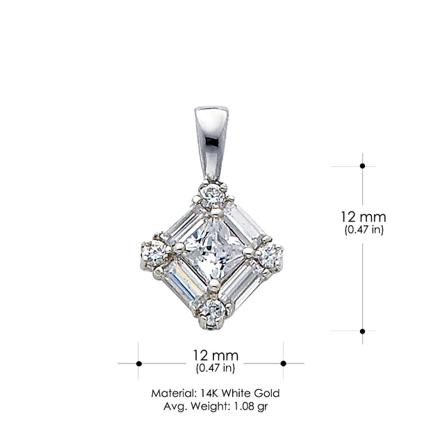 14K Gold Square Cluster CZ Pendant with 1.3mm Flat Open Wheat Chain