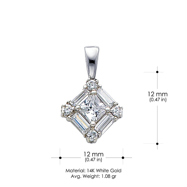 14K Gold Square Cluster CZ Pendant with 1.5mm Rope Chain