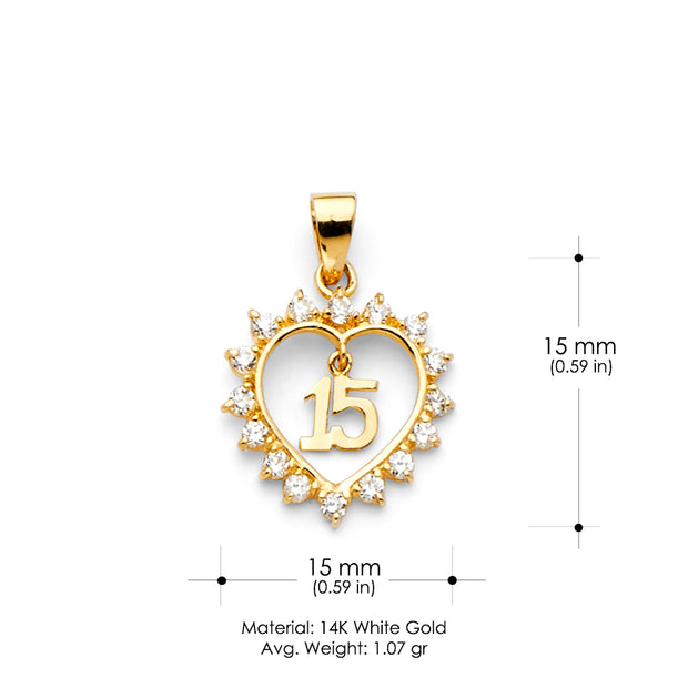 14K Gold Heart 15 Years Birthday Quinceanera CZ Charm Pendant