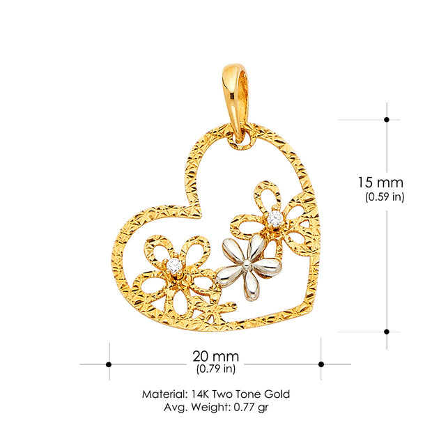 14K Gold CZ Hollow Heart with Flowers Charm Pendant
