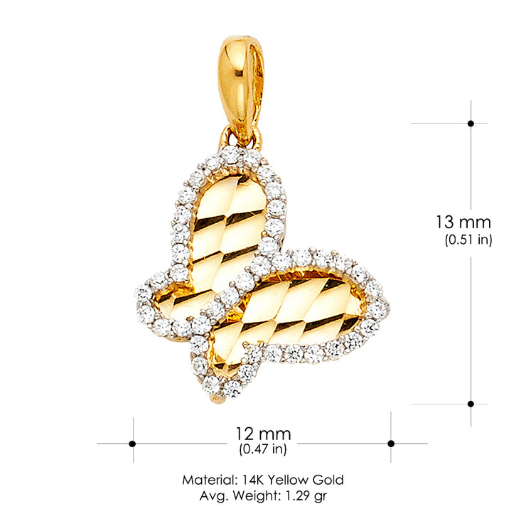 14K Gold CZ Solid Butterfly Charm Pendant