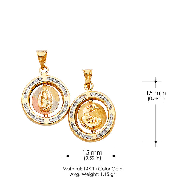 14K Gold Double Sided Round Religious Charm Pendant with 0.8mm Box Chain Necklace